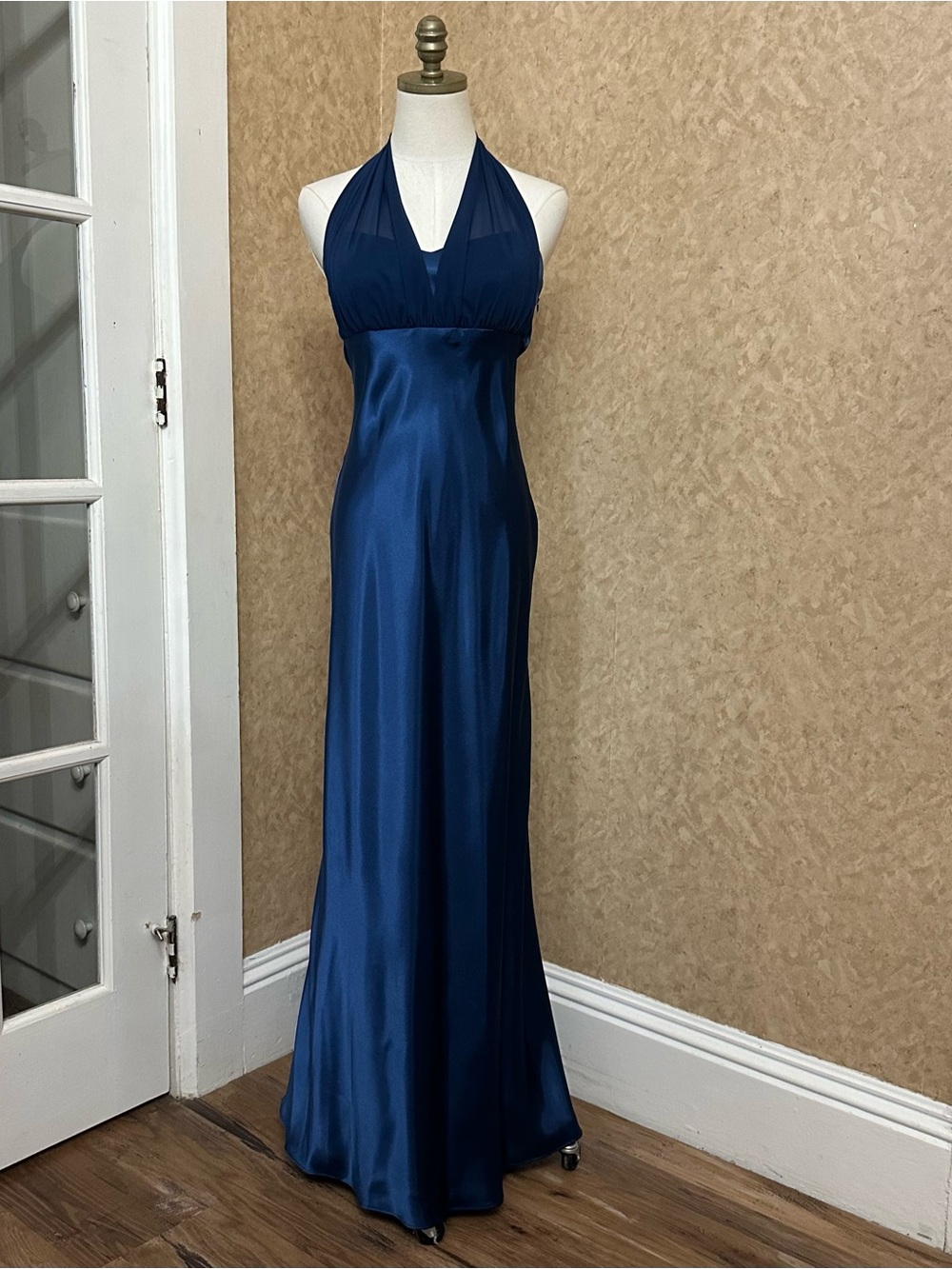 David's Bridal Deep Navy Halter Satin Maxi Gown